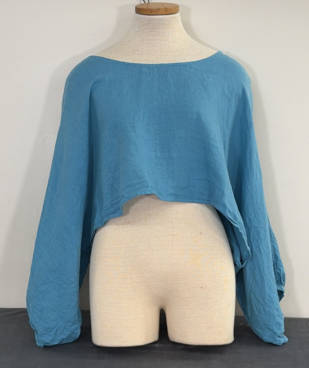 Match Point Womens Linen Cropped Long Sleeve Top Boxy Sz XL Turq/Teal Oversized
